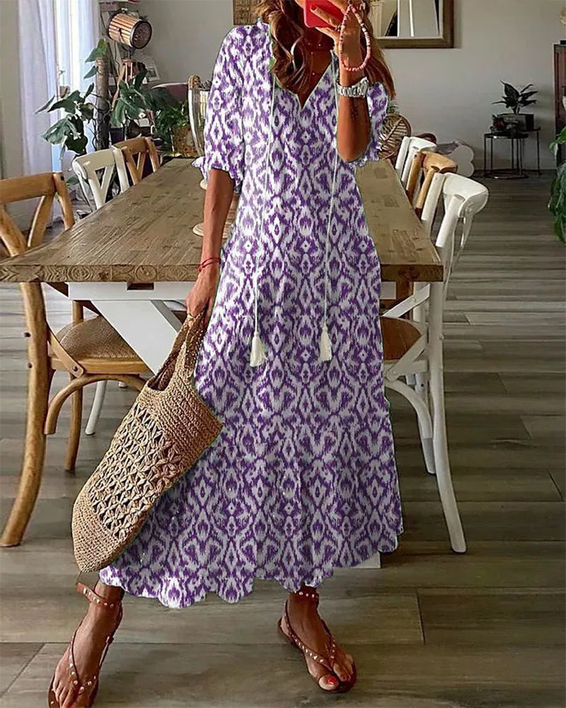 Long Dress V-Neck Half Sleeves – Elegant Printed Maxi Dress for Women