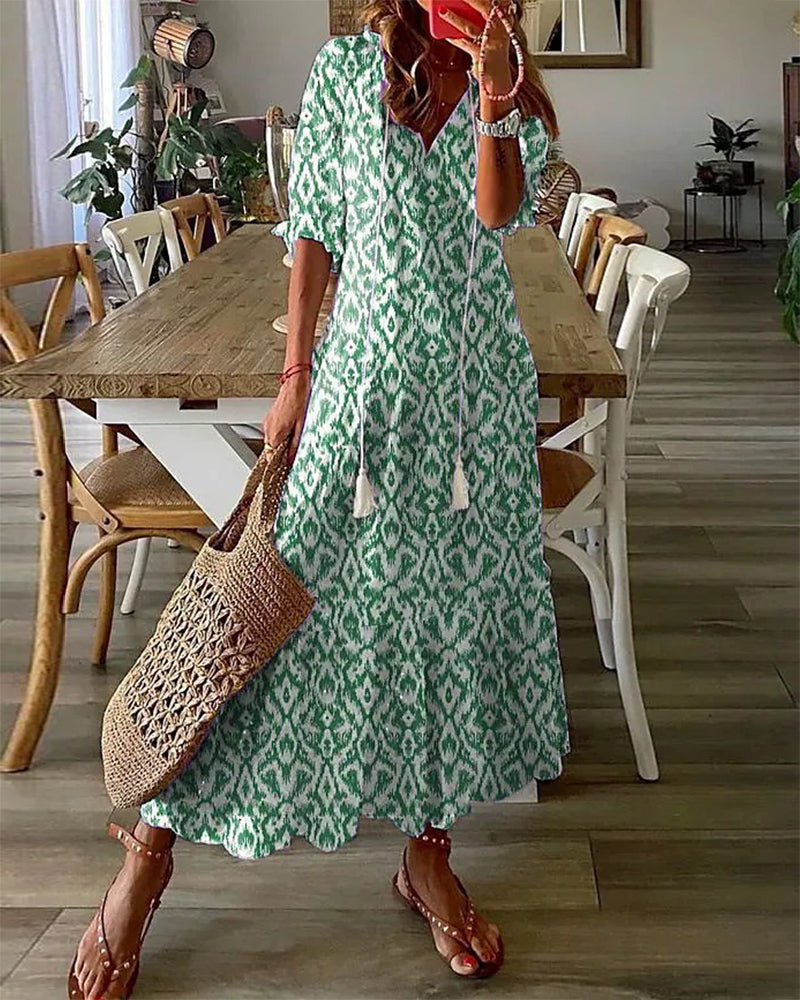 Long Dress V-Neck Half Sleeves – Elegant Printed Maxi Dress for Women