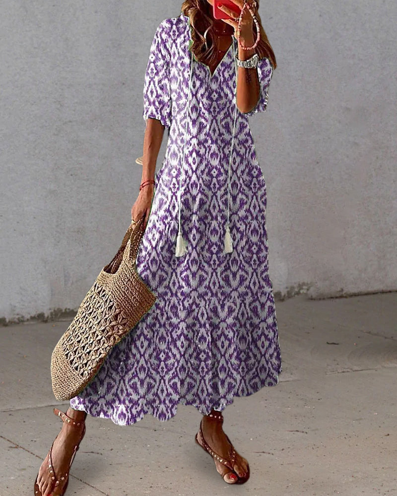 Long Dress V-Neck Half Sleeves – Elegant Printed Maxi Dress for Women