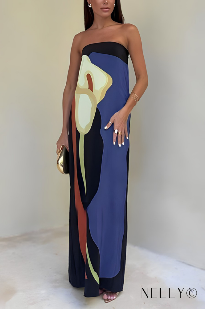 Maxi Dress Strapless – Color Block Print Elegant Summer Dress