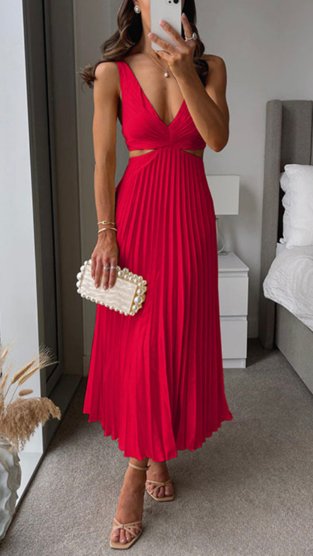 Long Pleated Dress – Elegant Cut-Out Waist Evening Gown