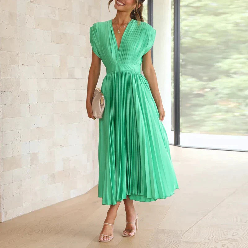 Maxi Dress V-Neck Pleats – Elegant Long Dress for Women