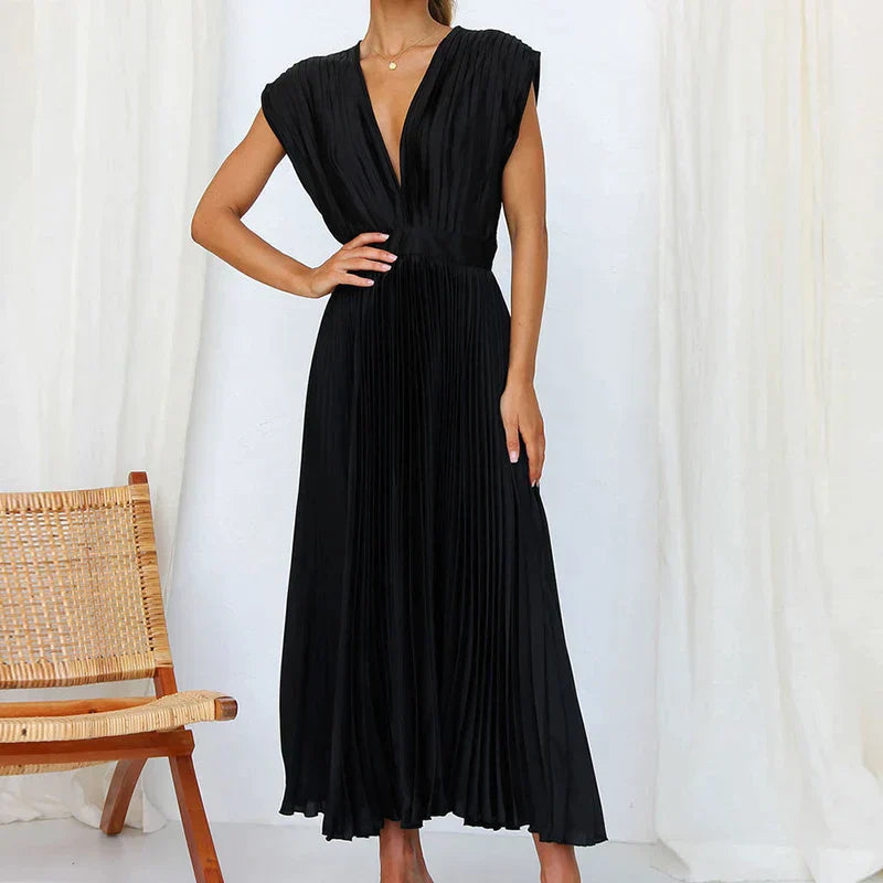 Maxi Dress V-Neck Pleats – Elegant Long Dress for Women