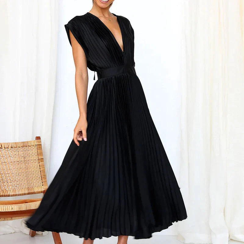 Maxi Dress V-Neck Pleats – Elegant Long Dress for Women