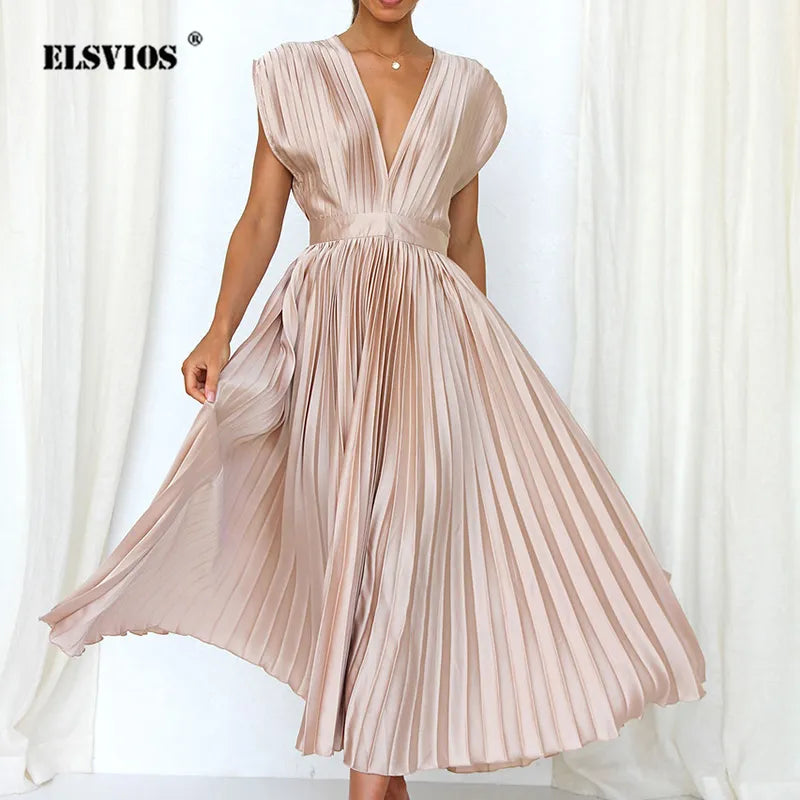 Maxi Dress V-Neck Pleats – Elegant Long Dress for Women