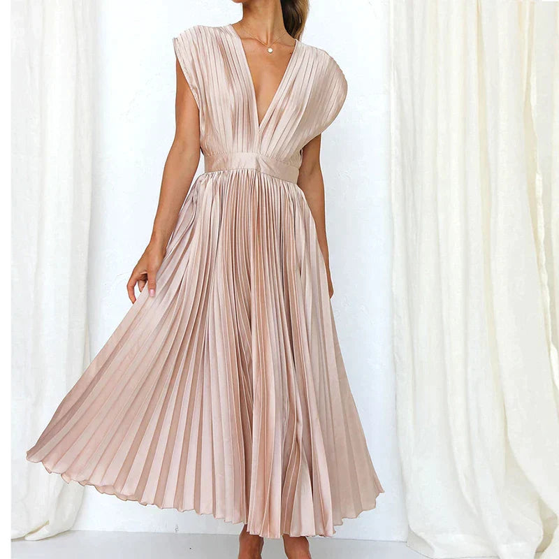 Maxi Dress V-Neck Pleats – Elegant Long Dress for Women