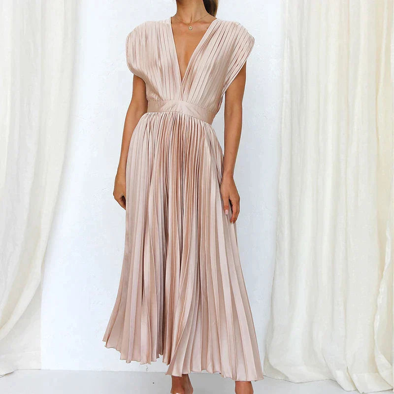 Maxi Dress V-Neck Pleats – Elegant Long Dress for Women