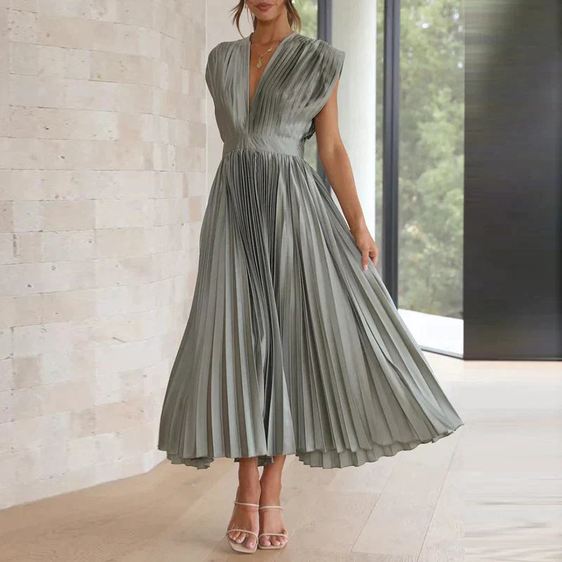 Maxi Dress V-Neck Pleats – Elegant Long Dress for Women