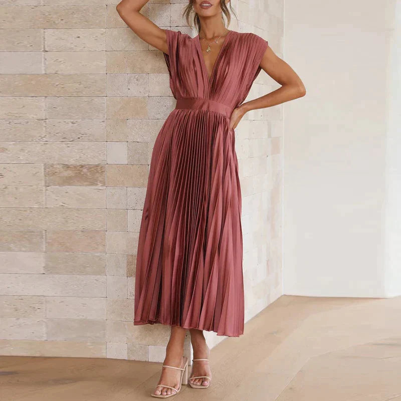 Maxi Dress V-Neck Pleats – Elegant Long Dress for Women