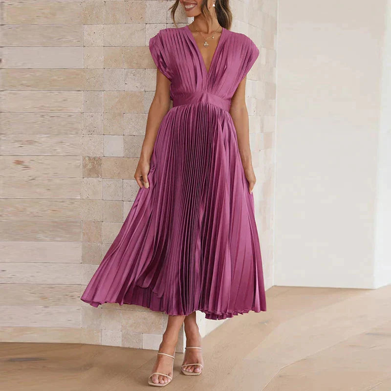 Maxi Dress V-Neck Pleats – Elegant Long Dress for Women