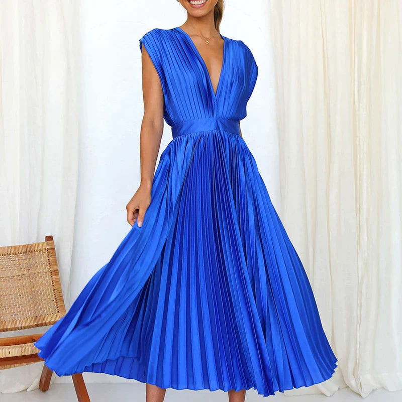 Maxi Dress V-Neck Pleats – Elegant Long Dress for Women