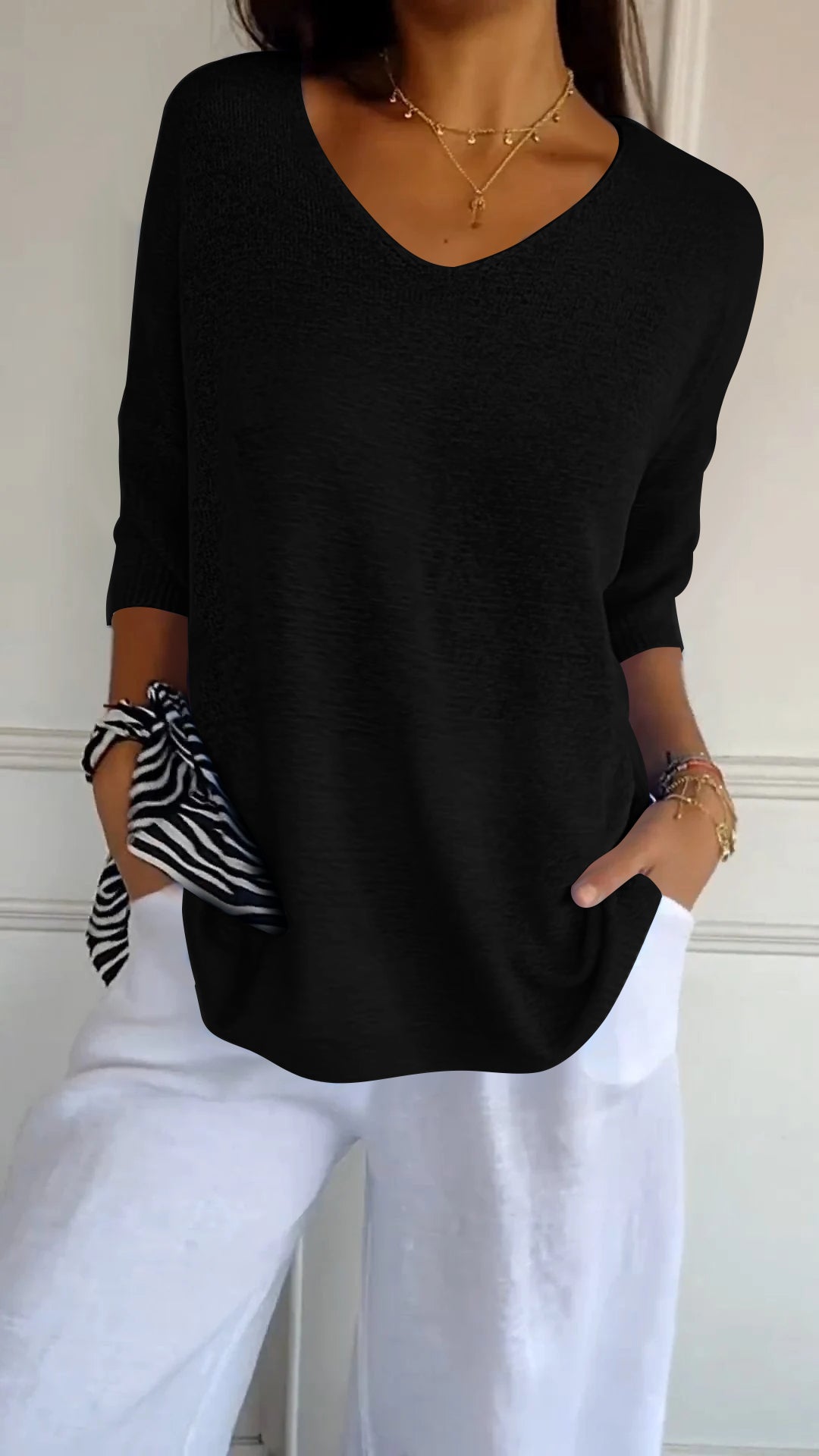 V-Neck Knit Top Women – Solid Color Casual Sweater for Everyday Wear