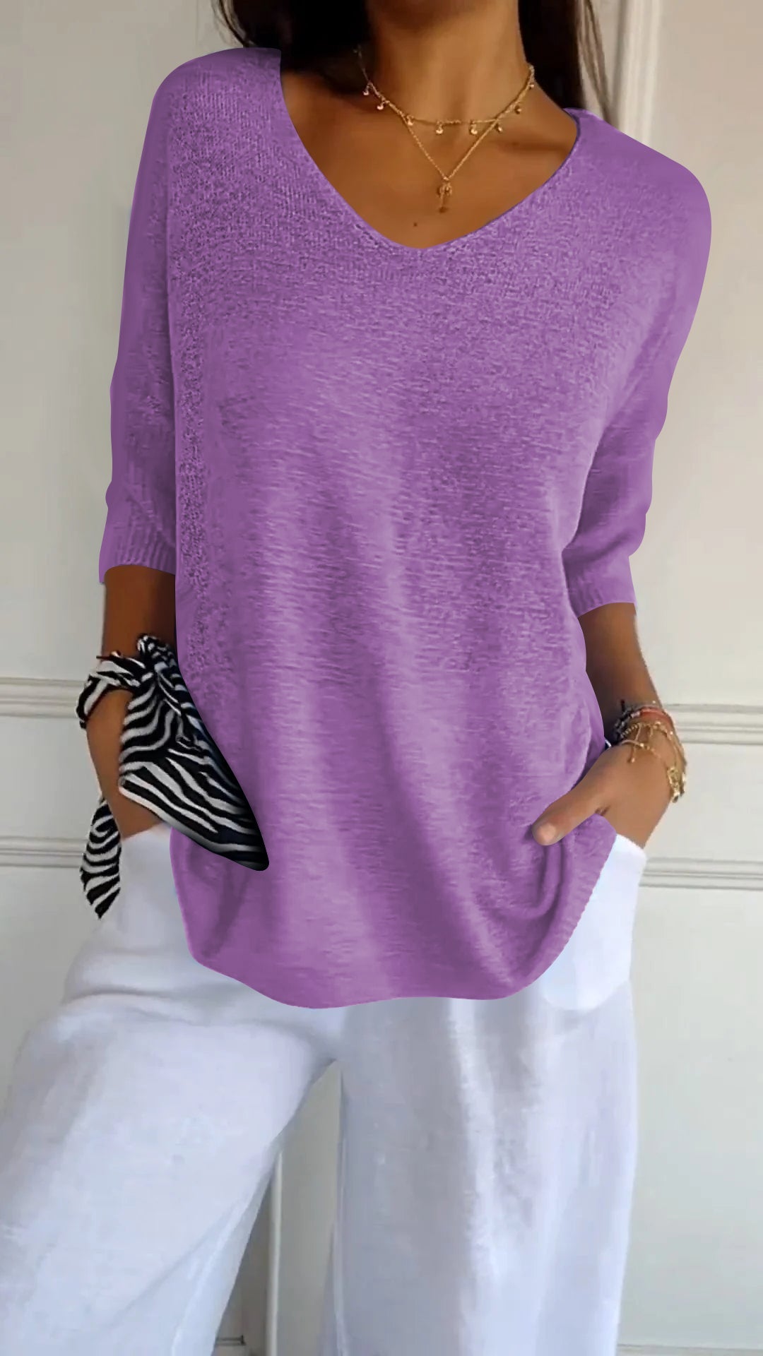 V-Neck Knit Top Women – Solid Color Casual Sweater for Everyday Wear