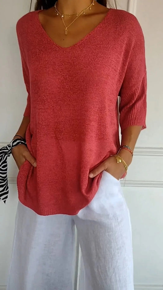 V-Neck Knit Top Women – Solid Color Casual Sweater for Everyday Wear