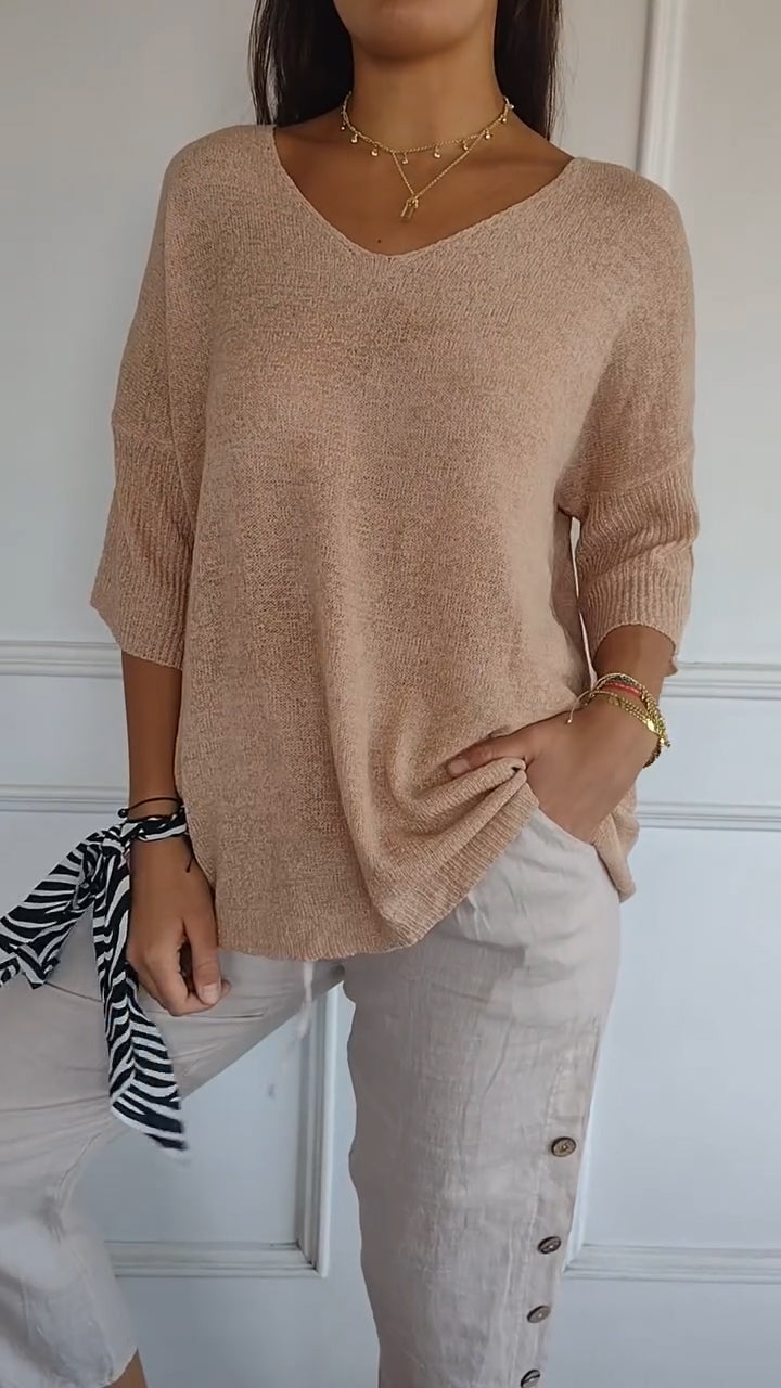 V-Neck Knit Top Women – Solid Color Casual Sweater for Everyday Wear