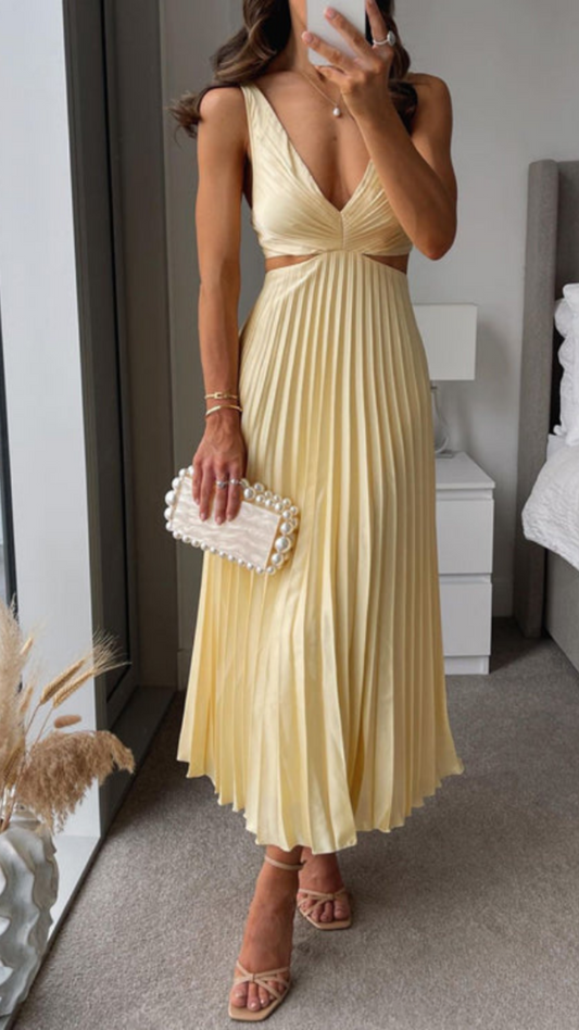 Long Pleated Dress – Elegant Cut-Out Waist Evening Gown