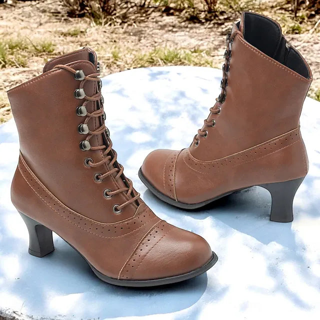 Ankle Boots Women – Victorian Brown Lace-Up Mid Heel with Zipper