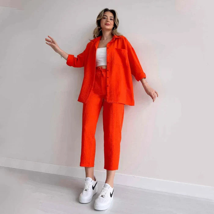 Casual Two-Piece Suit – Sporty Loose Shirt Coat & Harem Pants for Women