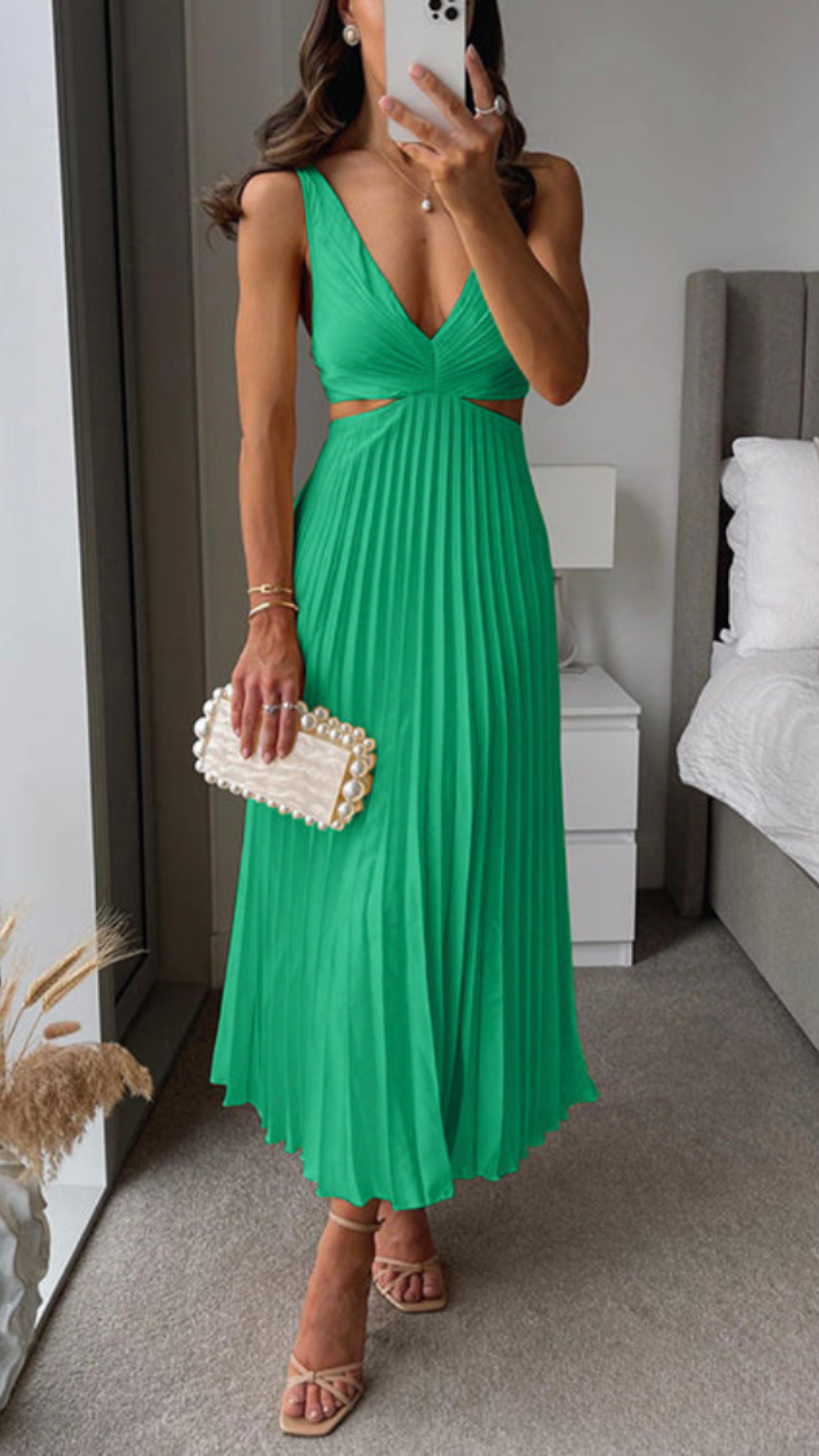 Long Pleated Dress – Elegant Cut-Out Waist Evening Gown