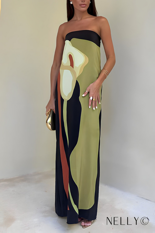 Maxi Dress Strapless – Color Block Print Elegant Summer Dress