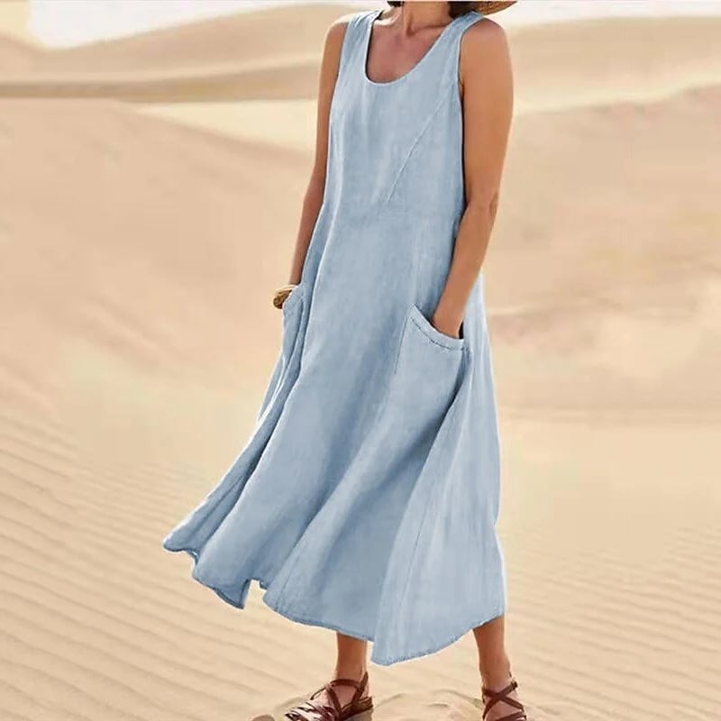 Women's Sleeveless Cotton Dress with Pockets – Casual Chic Summer Dress