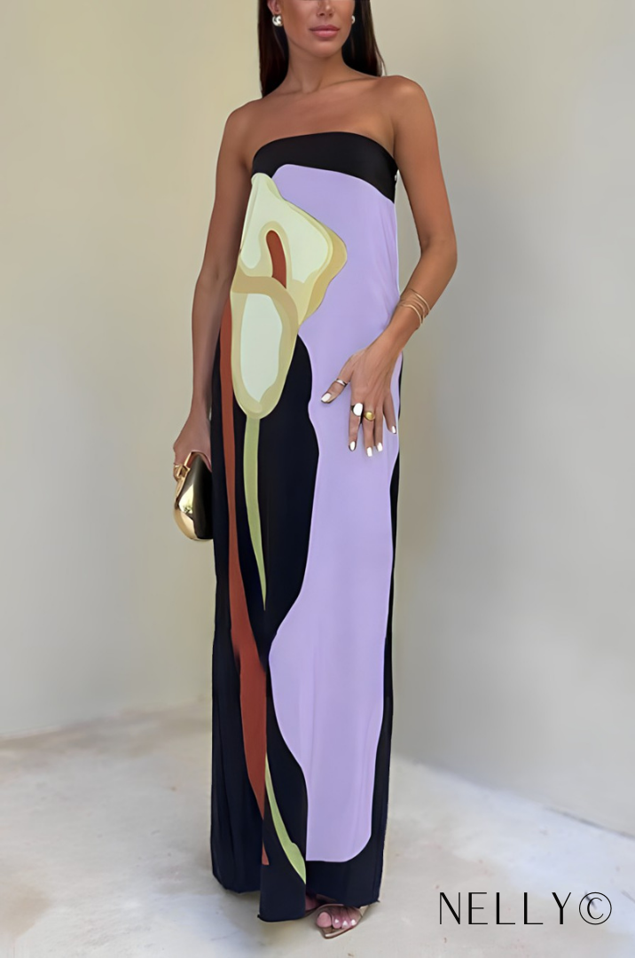 Maxi Dress Strapless – Color Block Print Elegant Summer Dress