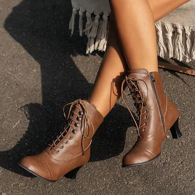 Ankle Boots Women – Victorian Brown Lace-Up Mid Heel with Zipper