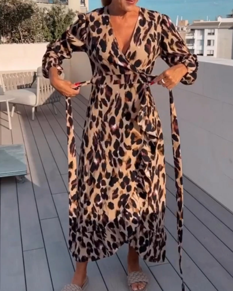 Leopard Print Dress – V-Neck Elegant Women's Fashion for Parties