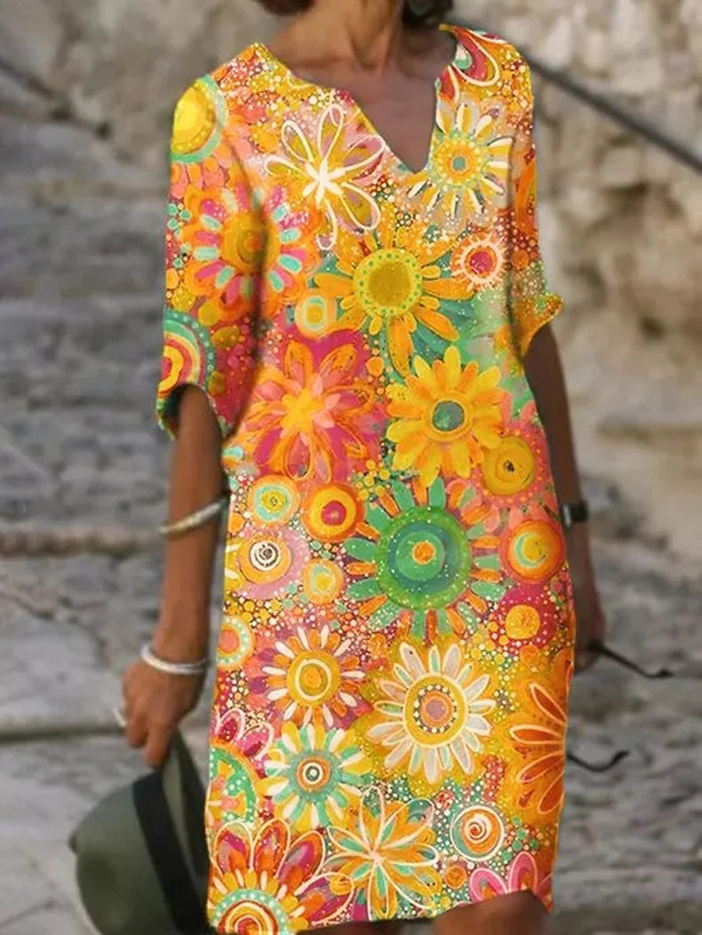 Floral V-Neck Dress – Elegant Women's Summer Dress with Patterned Design