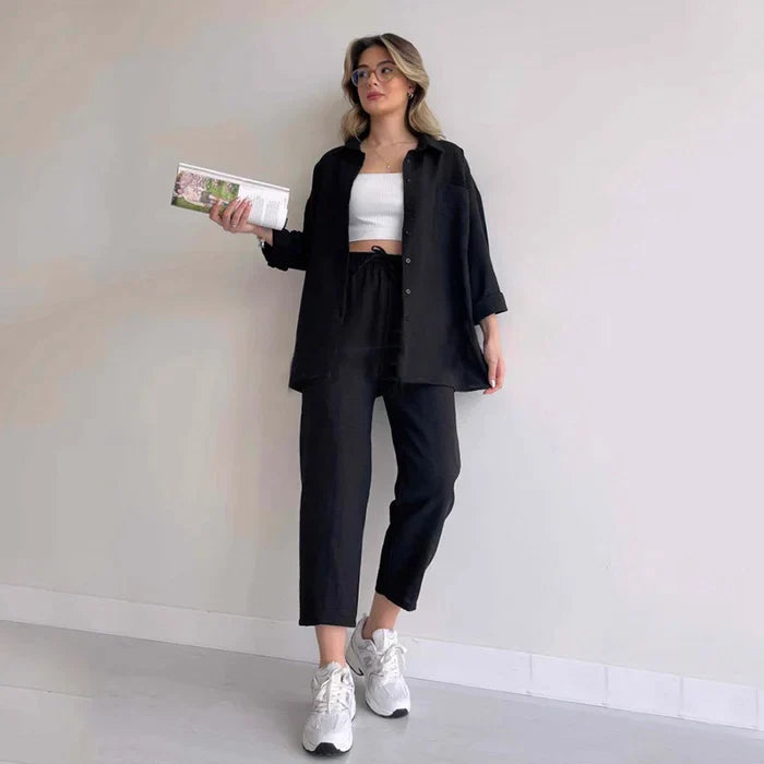 Casual Two-Piece Suit – Sporty Loose Shirt Coat & Harem Pants for Women