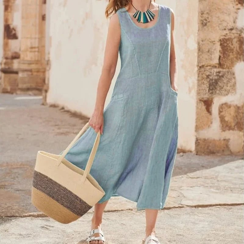 Women's Sleeveless Cotton Dress with Pockets – Casual Chic Summer Dress