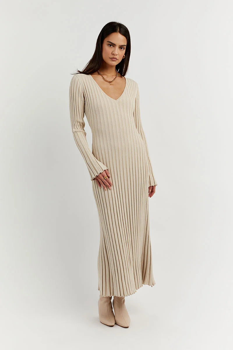 V-Neck Knit Midi Dress – Elegant Sleeved Dress for Women