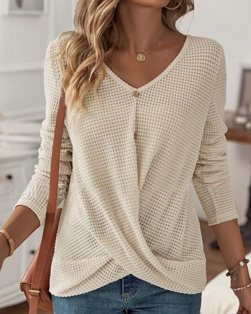 Casual V-Neck Top for Women – Overlapping Design with Buttons