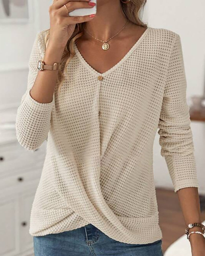 Casual V-Neck Top for Women – Overlapping Design with Buttons