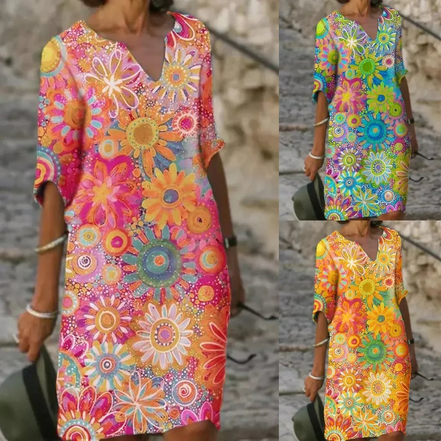 Floral V-Neck Dress – Elegant Women's Summer Dress with Patterned Design