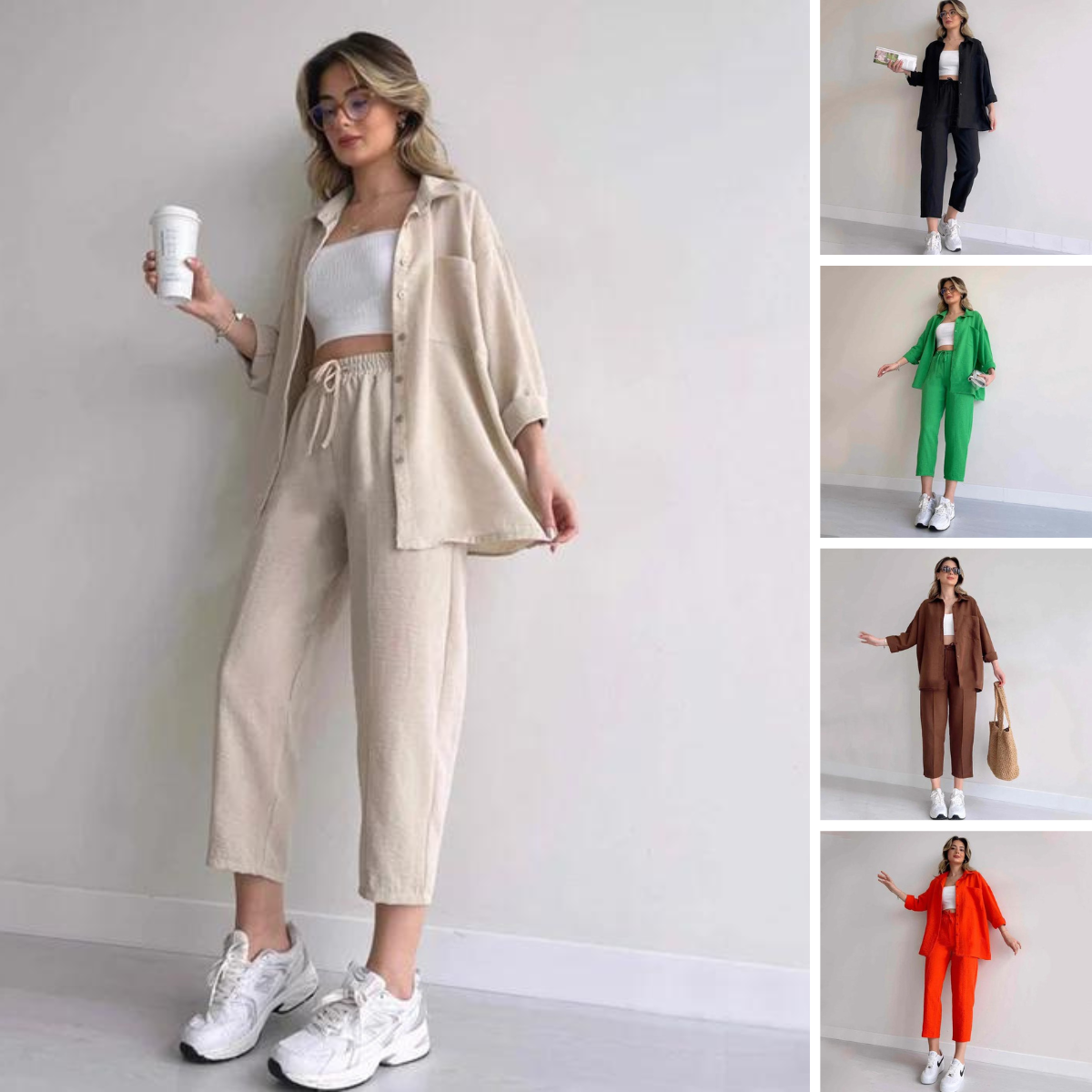 Casual Two-Piece Suit – Sporty Loose Shirt Coat & Harem Pants for Women