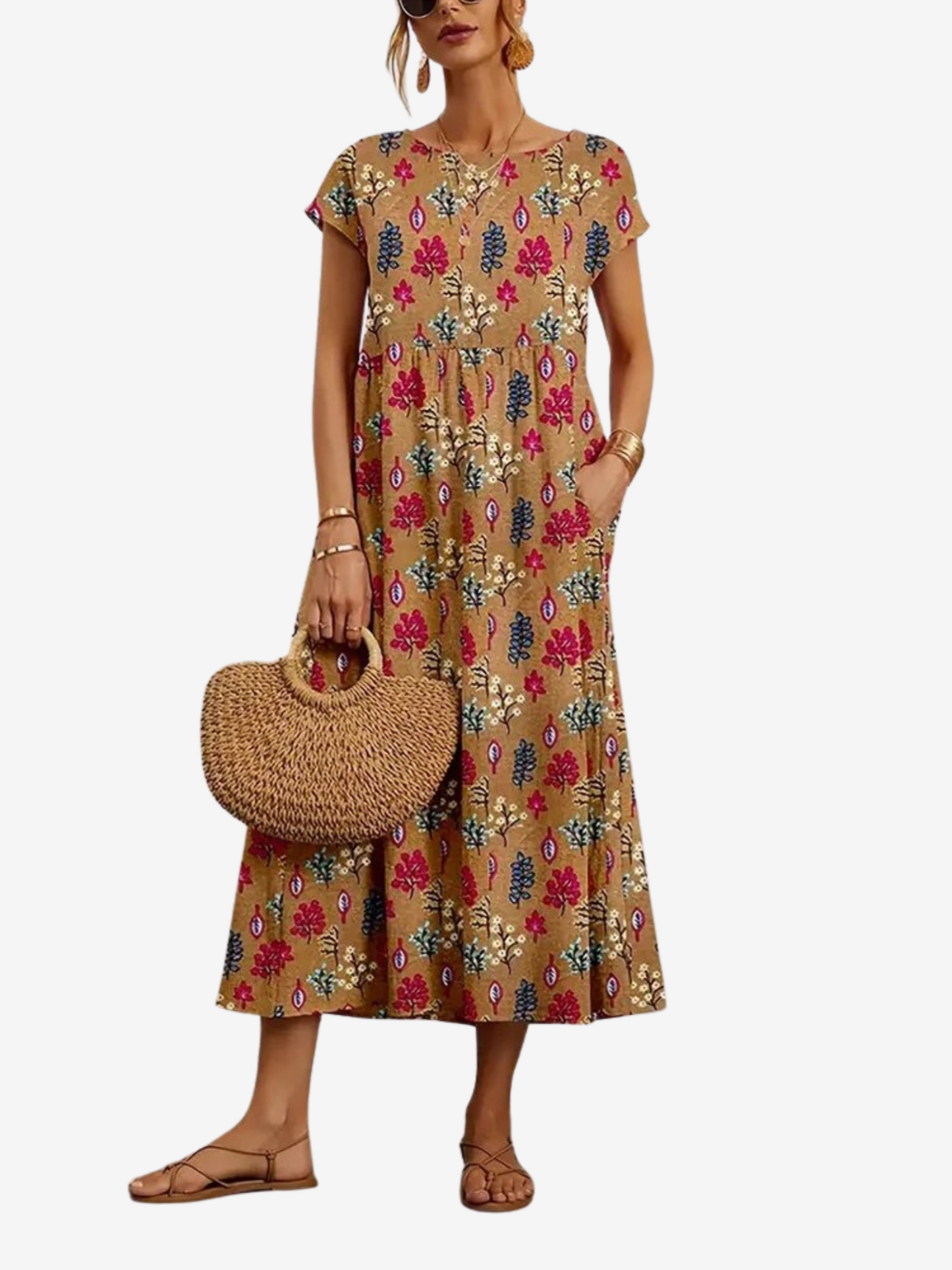 Floral Dress Women – Elegant Summer Midi Dress with Sleeves