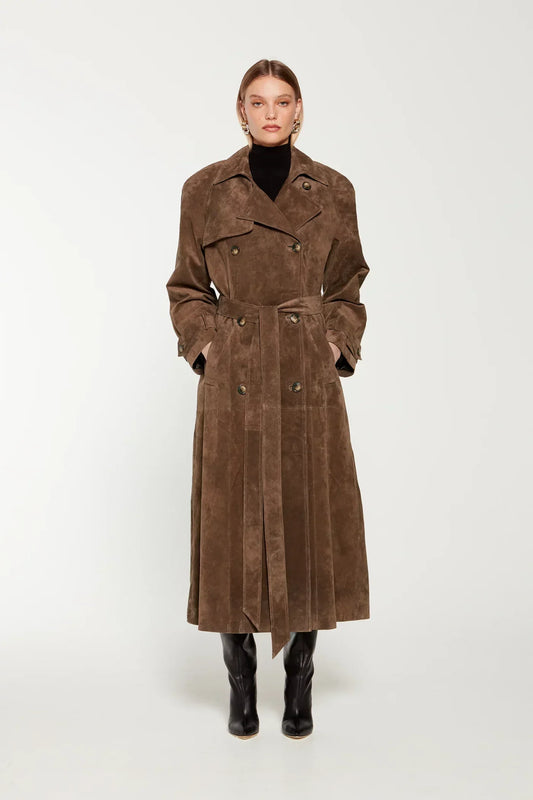 Suede Trench Coat Women – Stylish Long Jacket for Fall Fashion