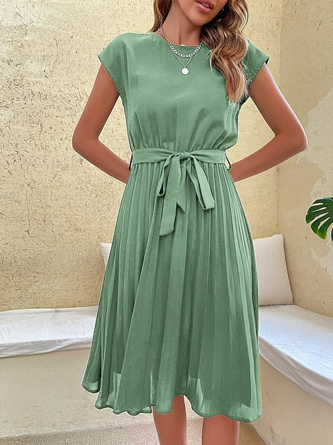 Summer Mini Dress – Casual Short-Sleeved Pleated Dress for Women