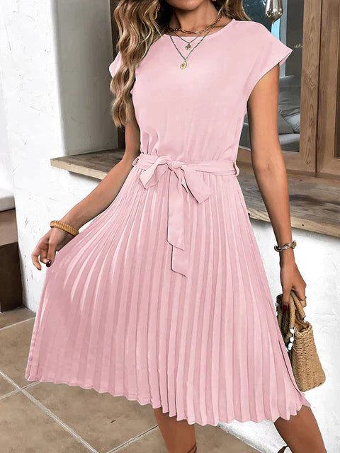 Summer Mini Dress – Casual Short-Sleeved Pleated Dress for Women