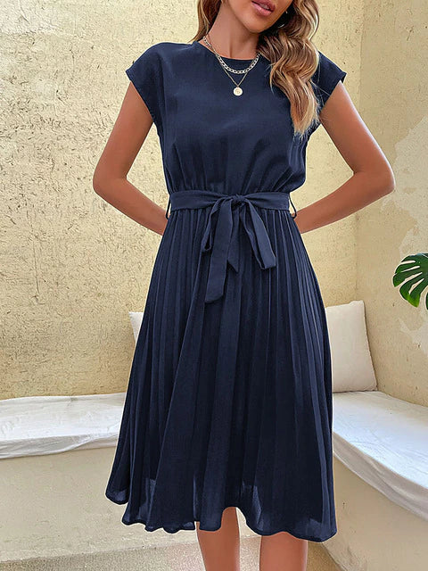 Summer Mini Dress – Casual Short-Sleeved Pleated Dress for Women