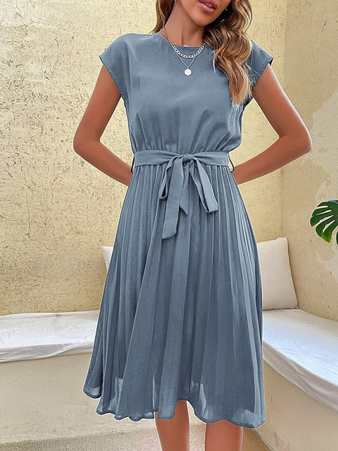 Summer Mini Dress – Casual Short-Sleeved Pleated Dress for Women