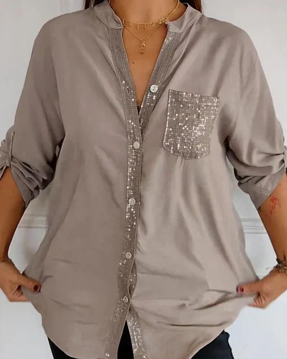 Casual Top with Buttons – Stylish Sequin-Embellished Women's Blouse