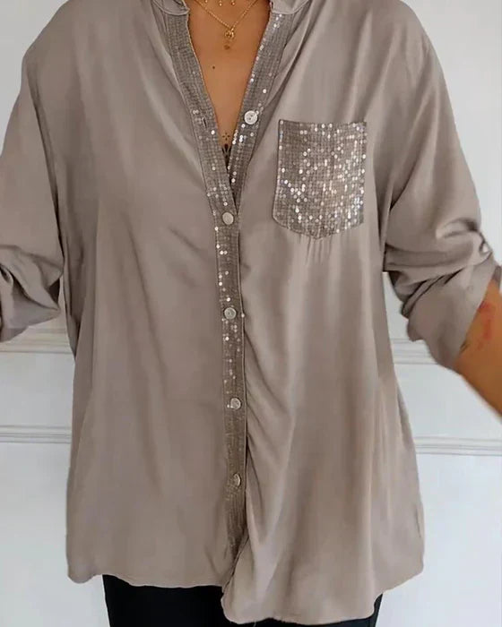 Casual Top with Buttons – Stylish Sequin-Embellished Women's Blouse