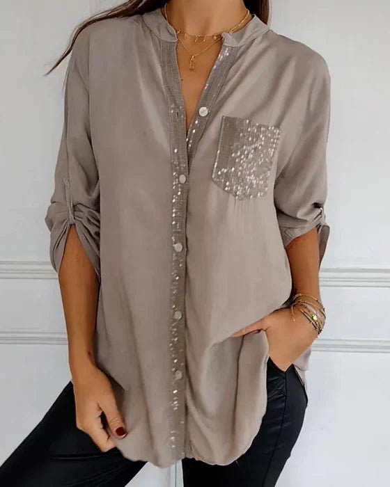 Casual Top with Buttons – Stylish Sequin-Embellished Women's Blouse