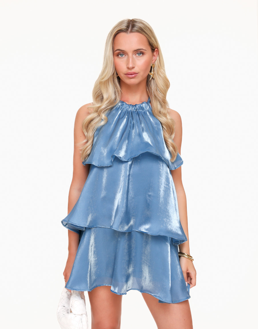 Petite Satin Ruffle Dress – Elegant Blue Dress for Special Occasions