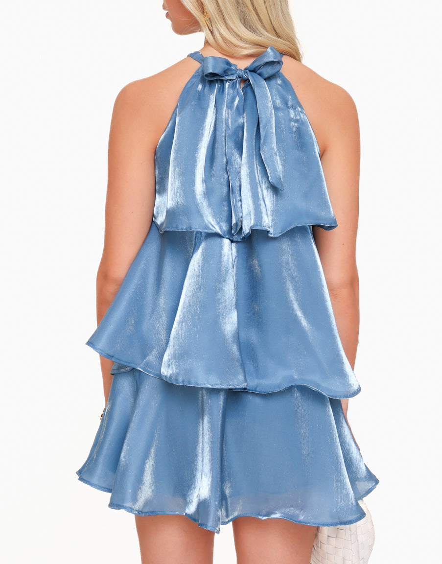 Petite Satin Ruffle Dress – Elegant Blue Dress for Special Occasions