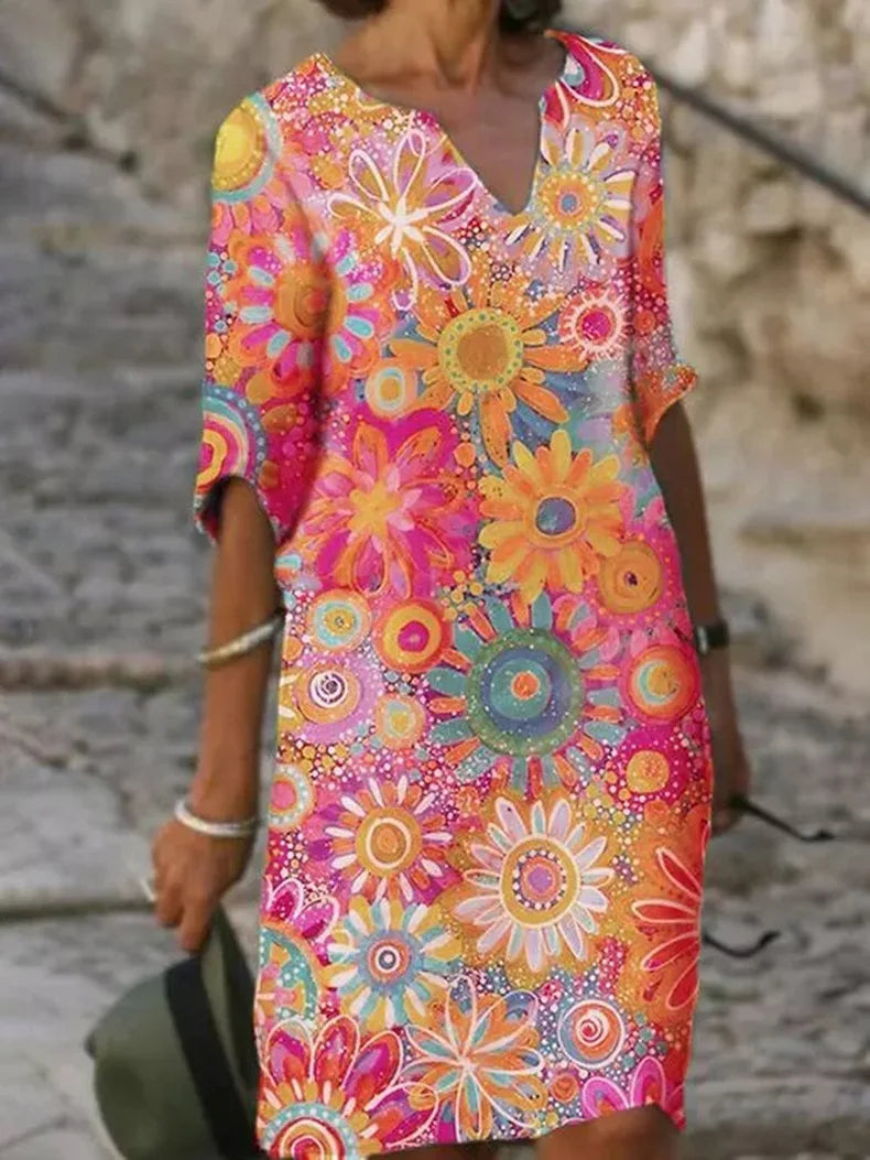 Floral V-Neck Dress – Elegant Women's Summer Dress with Patterned Design