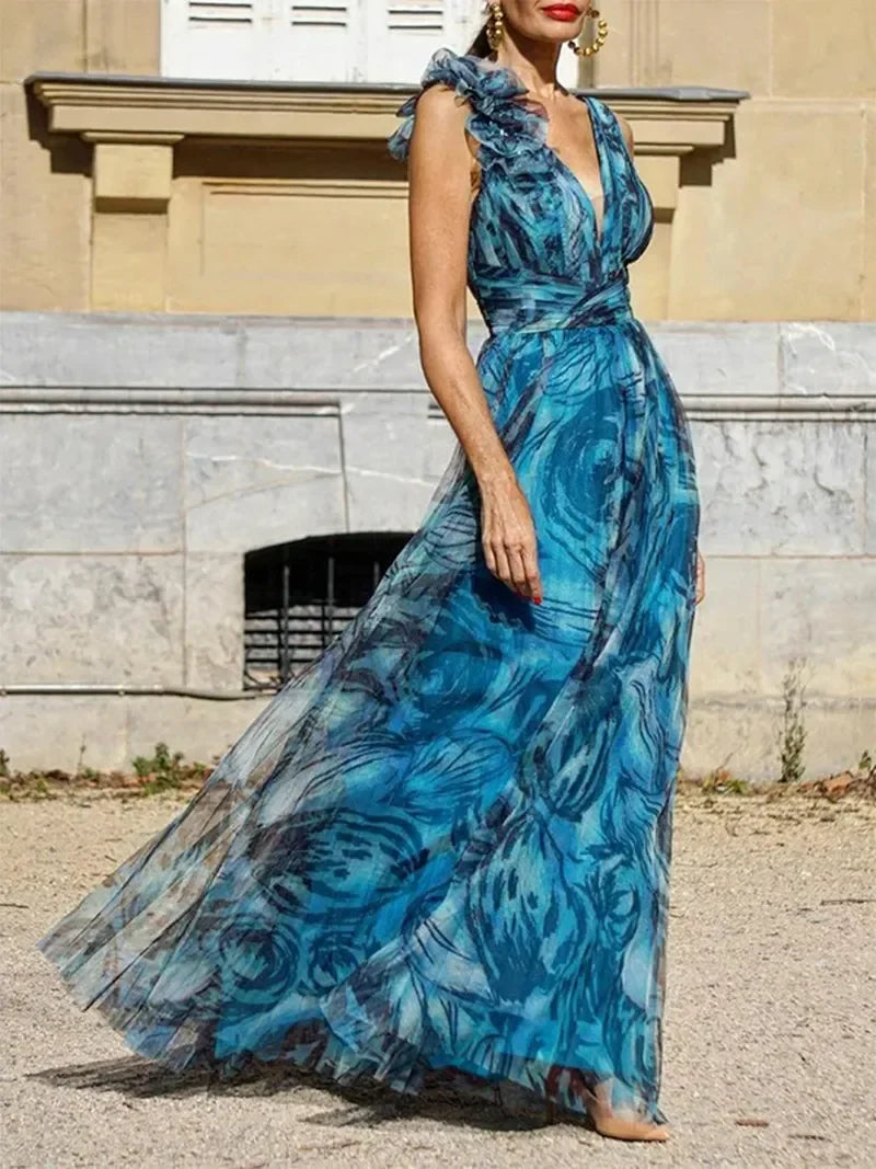 Bohemian Maxi Dress – Peacock Blue Summer Style with Flowing Design