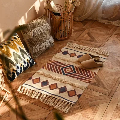 Boho Rug 60x90 cm – Handwoven Retro Fringed Area Rug for Living Room Decor